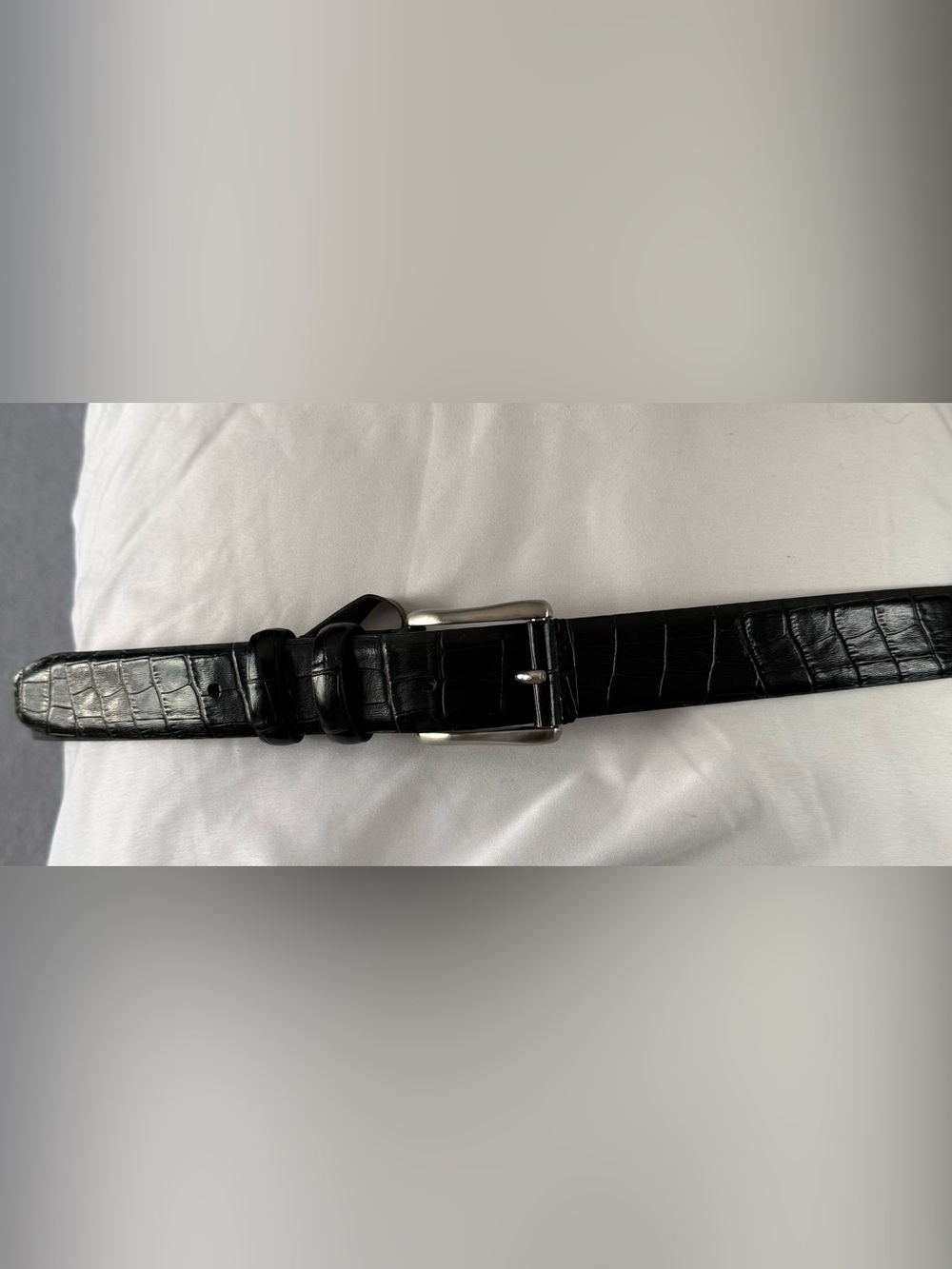 Men's Black Croc-Embossed Genuine Italian Leather Belt with Silver Buckle 44